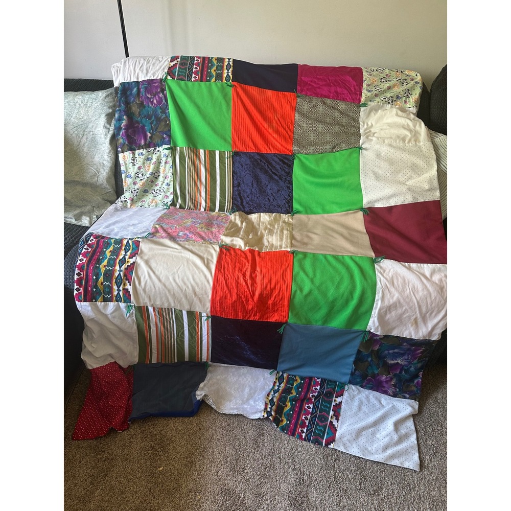 Vintage Handmade Patchwork Quilt Eclectic Multi Texture Graphic Colorful Blanket